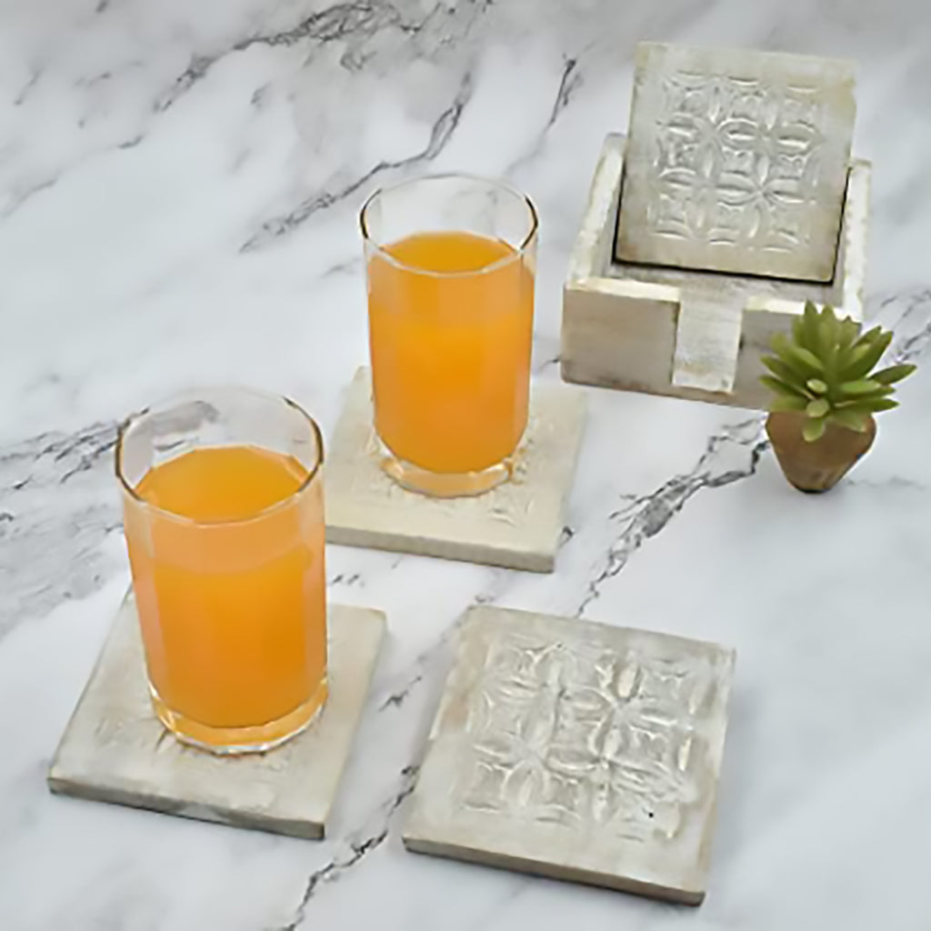 Whitewash Wooden Square Coasters with Holder for Beer, Wine, Tea & Coffee Glass Drinks (Set of 4)