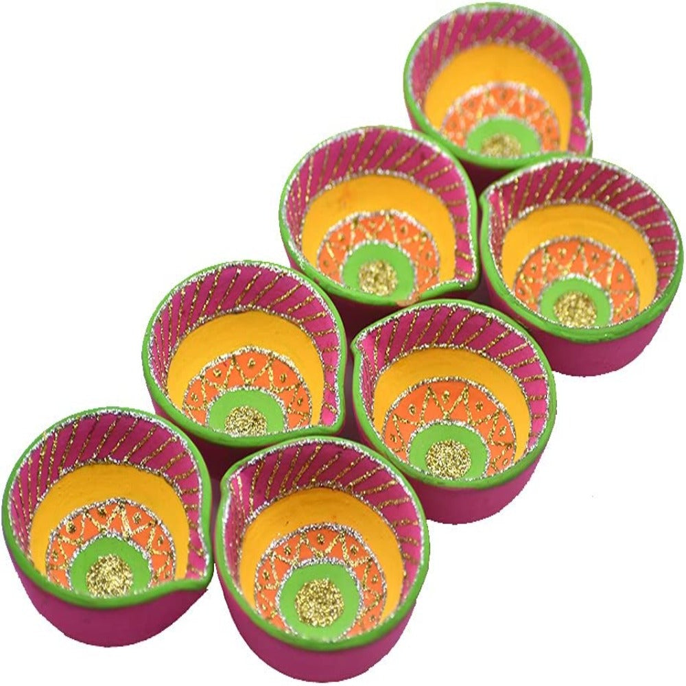 Set of 7 Decorative Handmade Terracotta Clay Pooja Diyas - Outdoor Lights, Decorations, and Gift Items for Home Decor
