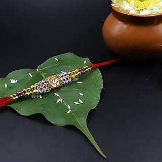 Raksha Bandhan Rakhi for Brother-Designer Om Rakhi with Greeting Card, Diamond, and Beads