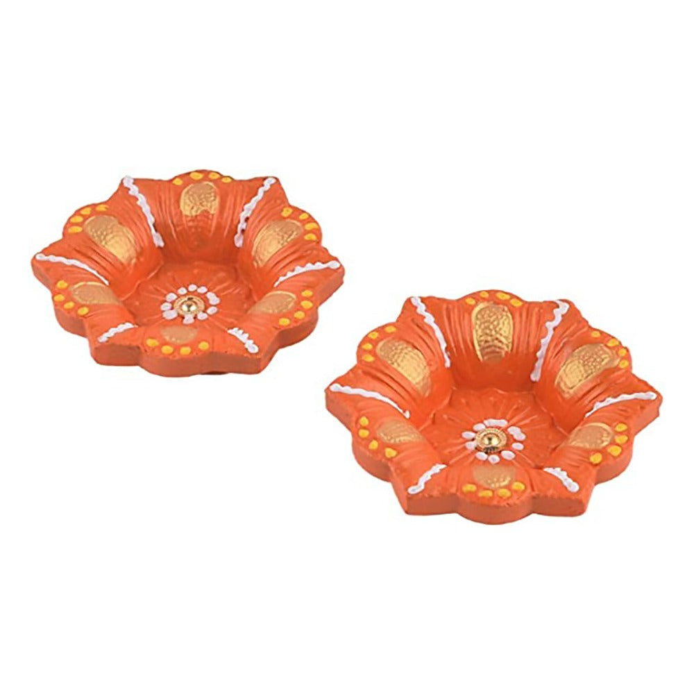 Set of 2 Handmade Terracotta Clay Oil Lamps Diyas - Decorative Candle and Tea Light Holders for Floor Decoration