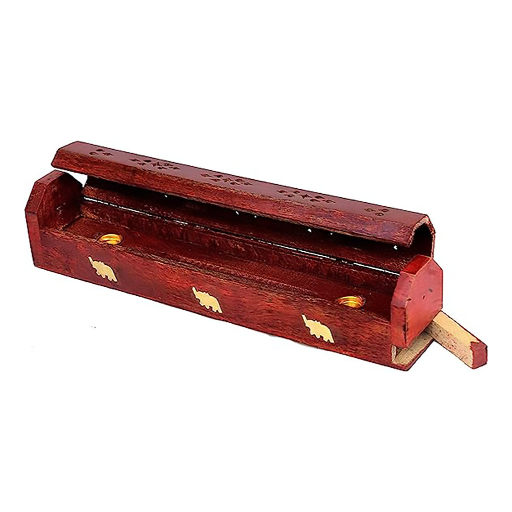 Wooden Coffin Incense Burner Holder with Brass Inlay & Storage Compartment