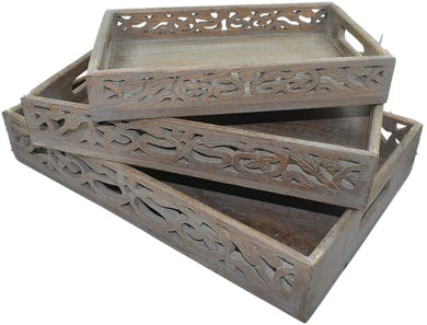 Rustic Wooden Serving Trays with Handle - Set of 3 - Large, Medium and Small - Nesting Multipurpose Trays