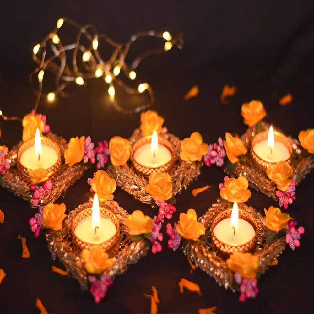 Set of 5 Fancy Rose Decorated Pooja Diyas with Tealight Holder for Home Decor and Gifts