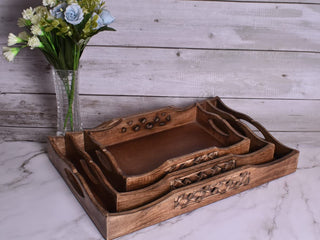 Set of 3 Vintage Rustic Wooden Serving Trays with Handles - Multipurpose Nesting Trays