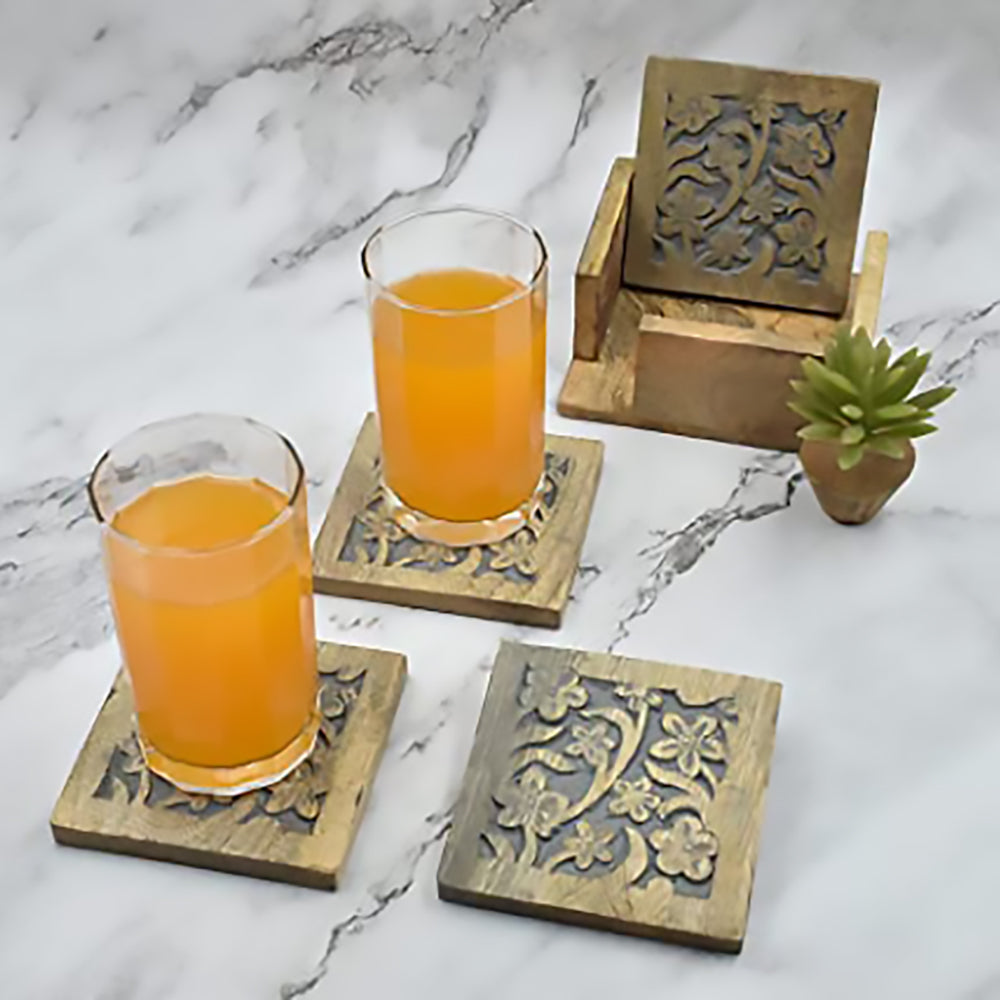 Wooden Square Coasters Set of 4 with Holder for Tea, Coffee, Beer, Wine Glass Drinks-5023