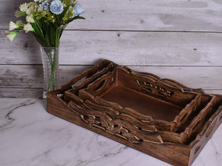 Set of 3 Vintage Rustic Wooden Serving Trays with Handles - Multipurpose Nesting Trays