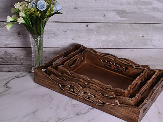 Set of 3 Vintage Rustic Wooden Serving Trays with Handle - Multipurpose Nesting Trays