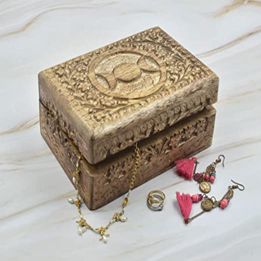 Wooden Hand Carved Decorative Jewelry Box with Triple Moon Shape | Keepsake Chest Trinket Holder Watch Box | Gifts for Women