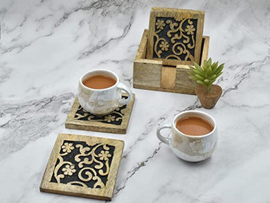 Set of 4 Wooden Square Coasters with Holder for Tea Coffee Beer Wine Glass Drinks-5028