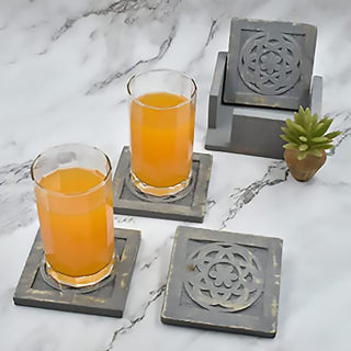 Set of 4 Wooden Square Coasters w/ Holder for Tea, Coffee, Beer & Wine Glasses - 5025