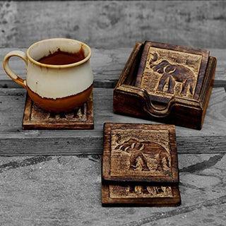 Set of 4 Handcrafted Elephant Design Coasters for Tea, Coffee, Beer and Home Decor Kitchen Accessories