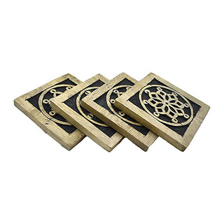 Set of 4 Wooden Coasters w/ Holder for Tea Coffee Beer Wine Glass Drinks