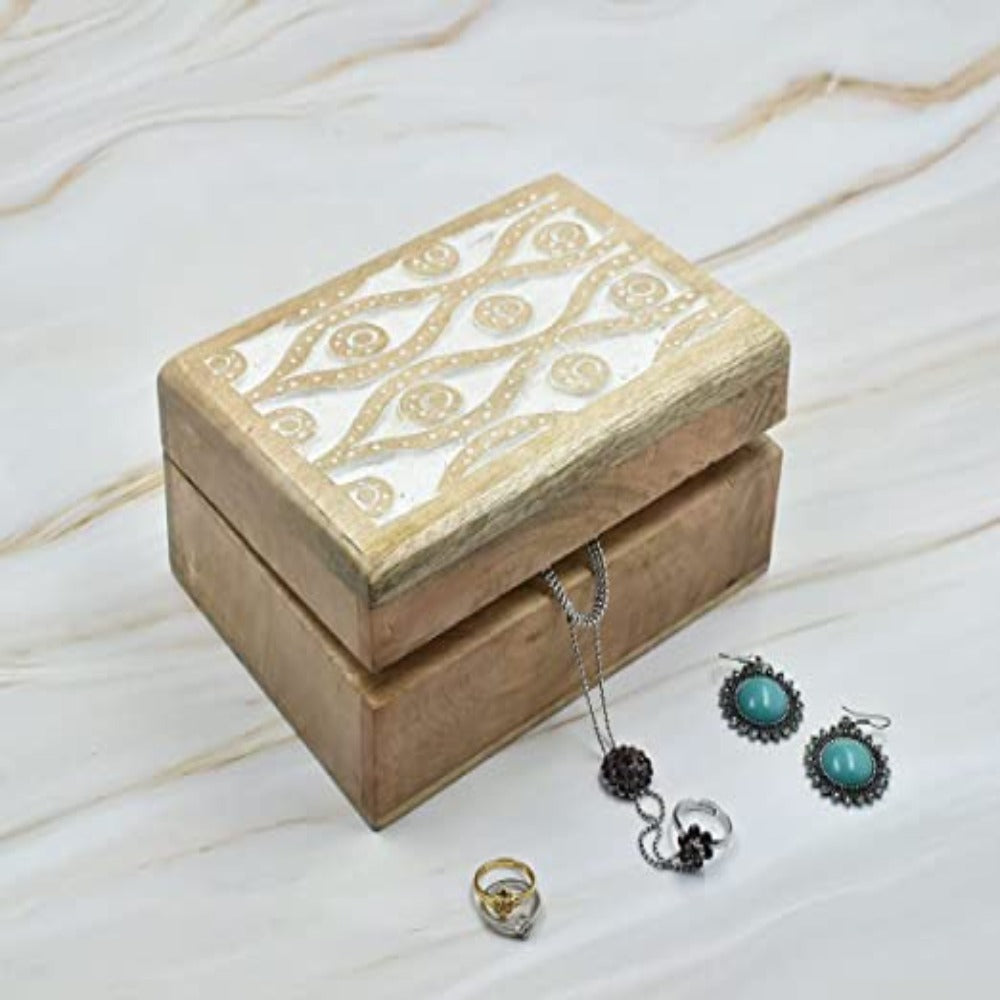 Wooden Hand Carved Decorative Box with Magic Eye Carving On Top | Jewelry Organizer Keepsake Box | Gifts for Women