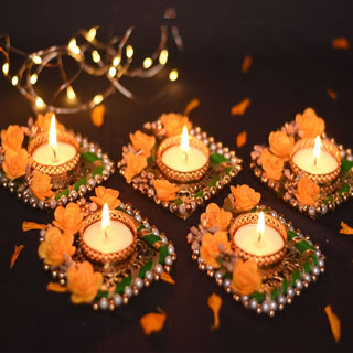 Set of 5 Fancy Pooja Diyas with Rose Decorated Tealight Holder for Home Decor and Gift