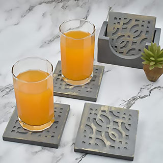 Set of 4 Wooden Coasters w/ Holder for Tea, Coffee, Beer & Wine Glasses - 5031