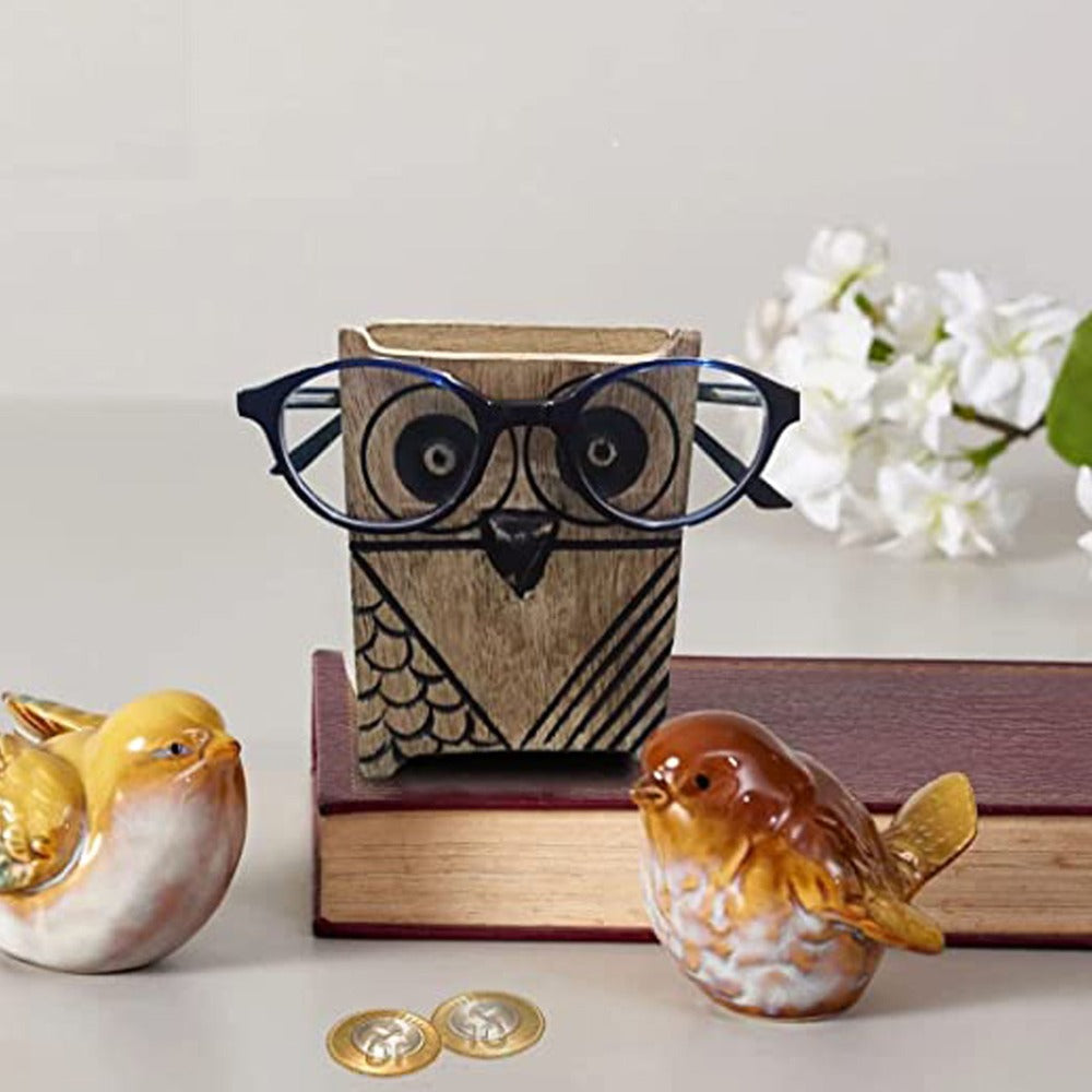 Hand-Carved Owl Eye Glasses Stand and Pen Holder - Unique Wooden Home and Office Accessories