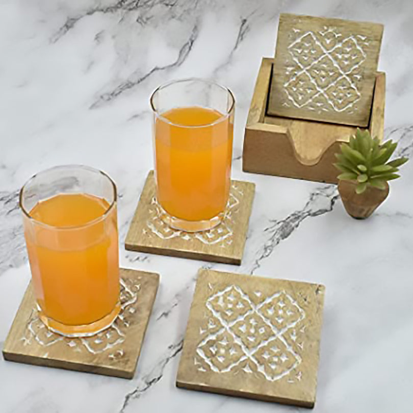 Set of 4 Wooden Square Coasters with Holder for Tea Coffee Beer Wine Glass Drinks-5022