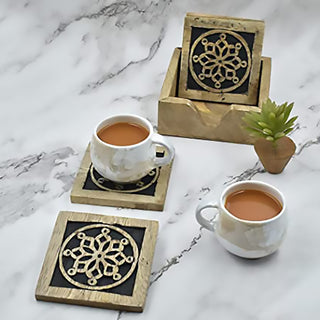 Set of 4 Wooden Coasters w/ Holder for Tea Coffee Beer Wine Glass Drinks