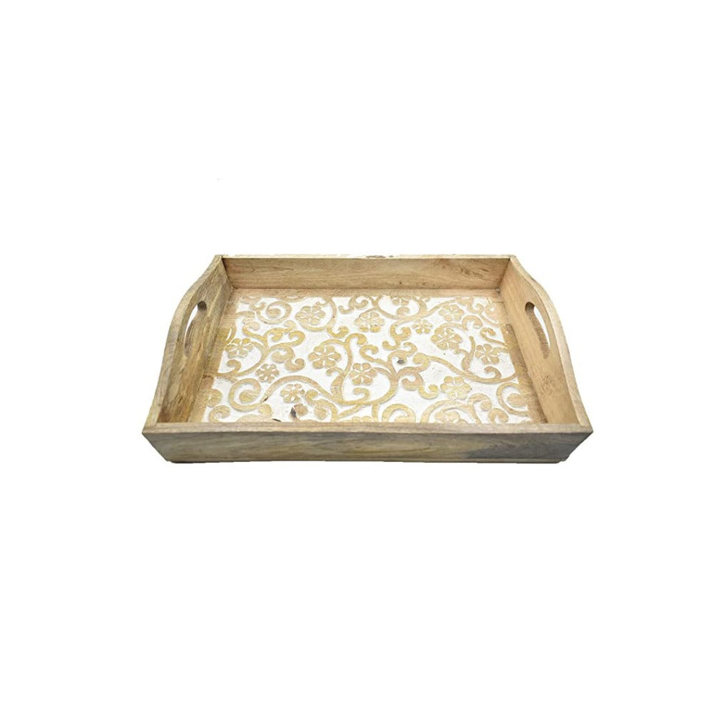 Hand Carved Wooden Breakfast Serving Tray with Handle | Kitchen Dining Serve-Ware Accessories | 15x10