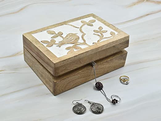 Hand-Carved Wooden Decorative Box with Bird Carving On Top | Jewelry and Keepsake Organizer | Perfect Gift for Women