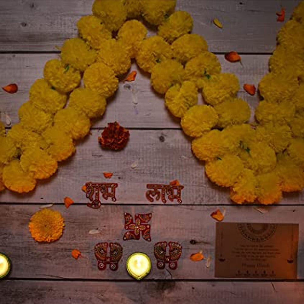 Pooja Set Combo- 2 Yellow Marigold Wall Hangings, 3 Tealight Candle Holder Diyas, Acrylic Stickers, Incense Sticks with Holder