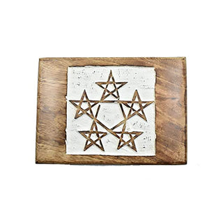 Whitewashed Wooden Hand Carved Decorative Box with Pentagram Carving-Jewelry Organizer, Keepsake Box, and Trinket Holder -Gift for Women & girls