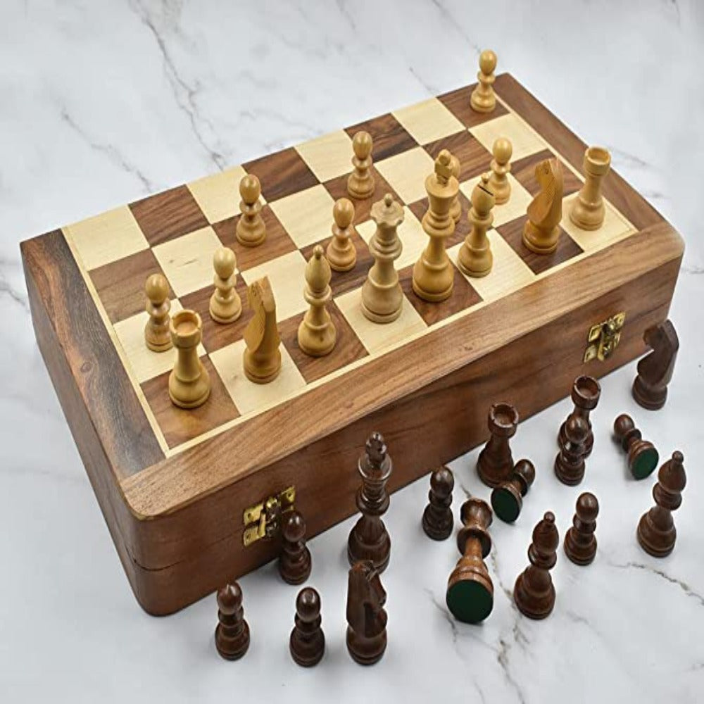 Handmade Wooden Magnetic Folding Chess Board Set with Storage Box - 12 Inch | Travel & Tournament Game for Kids and Adults