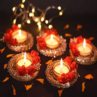 Set of 5 Fancy Rose Decorated Pooja Diyas with Tealight Holder - Home Decorations and Gift Items