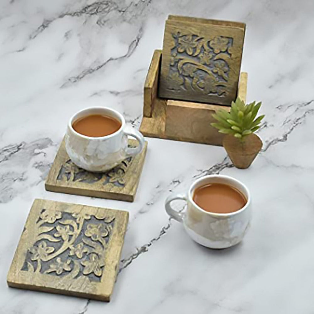 Wooden Square Coasters Set of 4 with Holder for Tea, Coffee, Beer, Wine Glass Drinks-5023