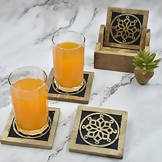 Set of 4 Wooden Coasters w/ Holder for Tea Coffee Beer Wine Glass Drinks