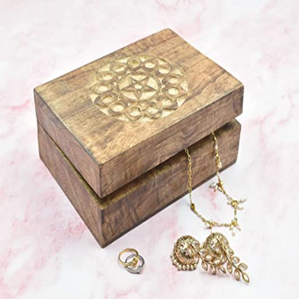 Handmade Wooden Mandala Pentagram Jewelry Box-Keepsake Organizer and Trinket Holder for Girls and Women