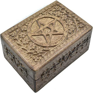 Hand Carved Wooden Decorative Box with Pentagram & Floral Carving | Jewelry & Keepsake Organizer | Treasure Chest & Trinket Holder | Gift for Women