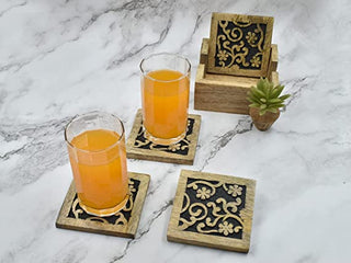 Set of 4 Wooden Square Coasters with Holder for Tea Coffee Beer Wine Glass Drinks-5028