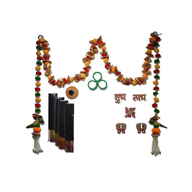 Pooja Set Combo-2 Fancy Toran with Wall Hangings, Tealight Candle Holder Diyas, Acrylic Stickers, Incense Sticks with Holder
