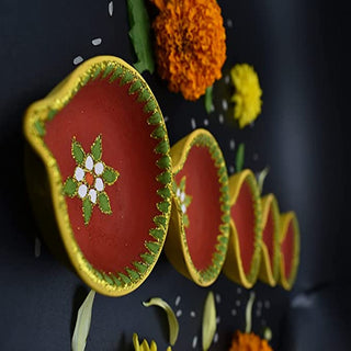 Set of 7 Handmade Terracotta Clay Diyas with Tray and Greeting Card for Diwali Outdoor Decoration and Gifting (Flower Design)