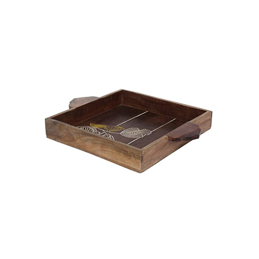 Handmade Wooden Serving Tray with Bird Flower Engraving - Perfect for Parties & Breakfast