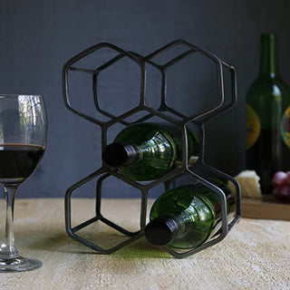 Wrought Iron Bottle Holder Stand - Carbon Black Iron Wine Rack, Holds Up to Five Bottles with Natural Powder Coated Finish