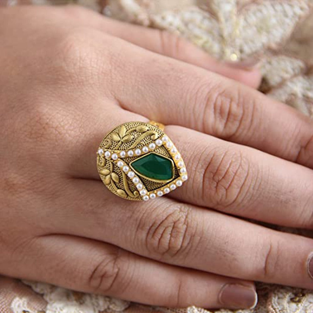 Women's Christmas Faux Gold Carved Rhinestone Finger Ring - Indian Ethnic Kundan White Pearl (Green)