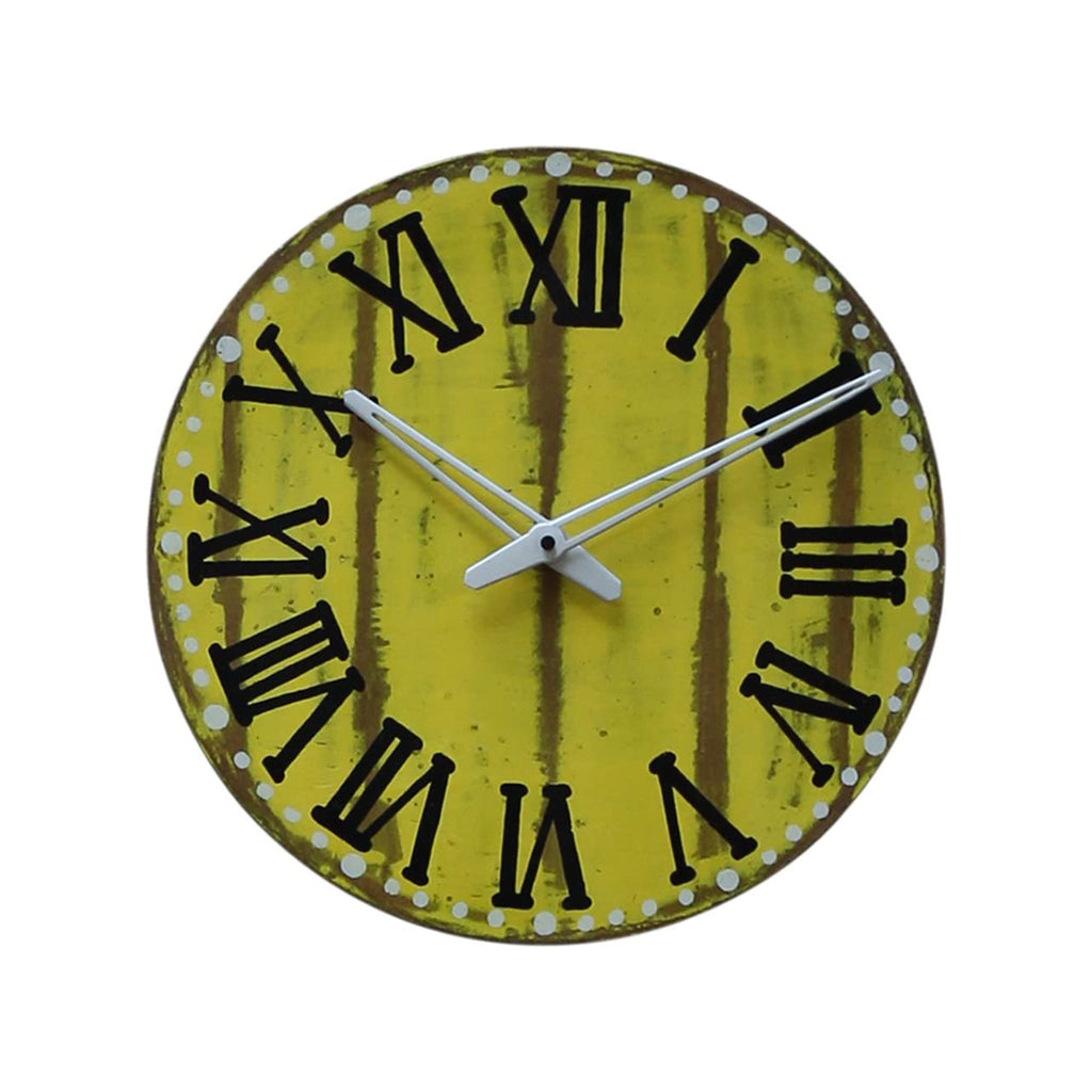 Bohemian Rustic Wooden Wall Clock with Jute Strap - Yellow Round Decor-11 Inch
