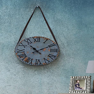 Blue Wooden Handcrafted Vintage Wall Clock with Roman Numerals for Living Room Décor