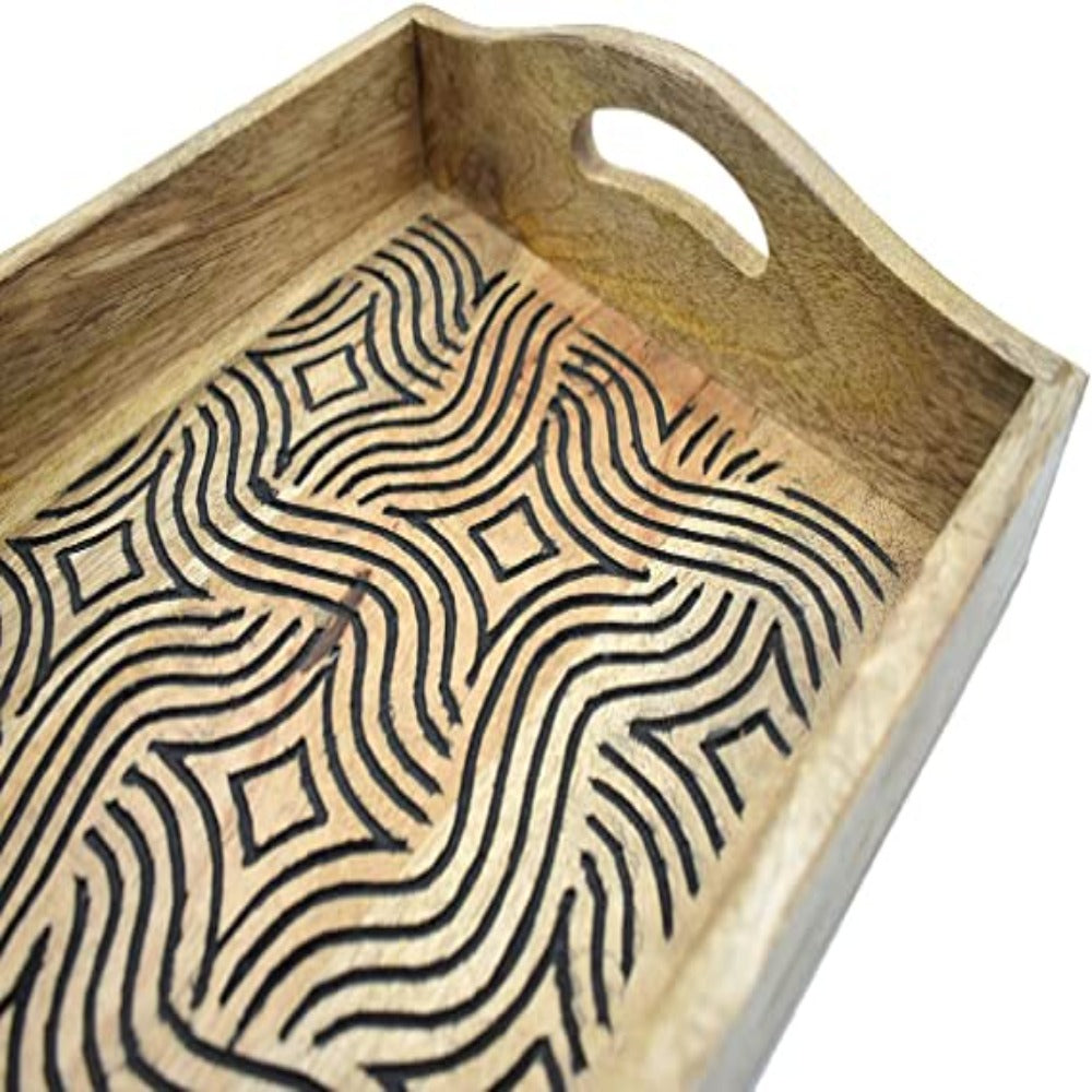 Hand-Carved Wooden Breakfast Serving Tray with Handle-Dining Serve-Ware Accessories - 15 x 10 Inches