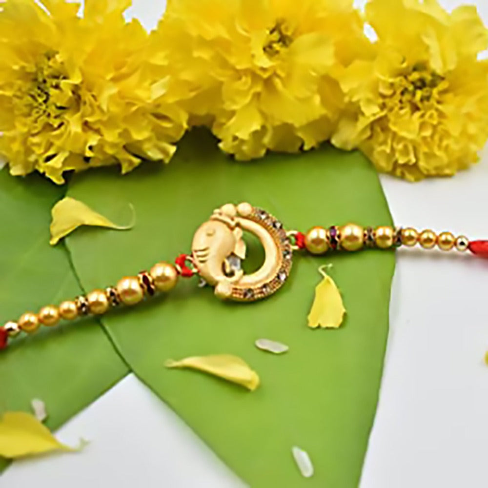 Raksha Bandhan Rakhi Combo Pack for Brother with Greeting Card & Roli Chawal - Set of 2 (Ganesh Face with Beads)