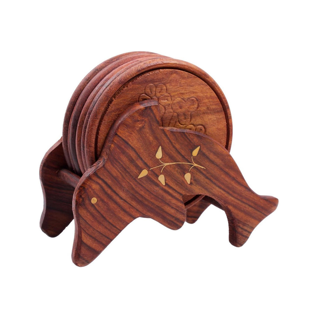 Wooden Coasters with Dolphin Shape Holder for Tea Coffee Beer Wine Glass-(Set of 6)