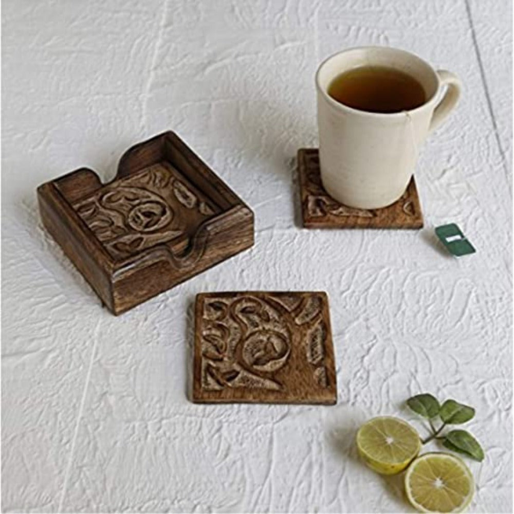 Set of 4 Handmade Square Drink Coasters w/ Holder-Kitchen Accessories (Tree of Life Collection)