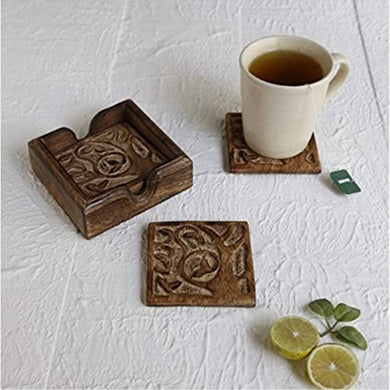 Set of 4 Handmade Square Drink Coasters w/ Holder-Kitchen Accessories (Tree of Life Collection)