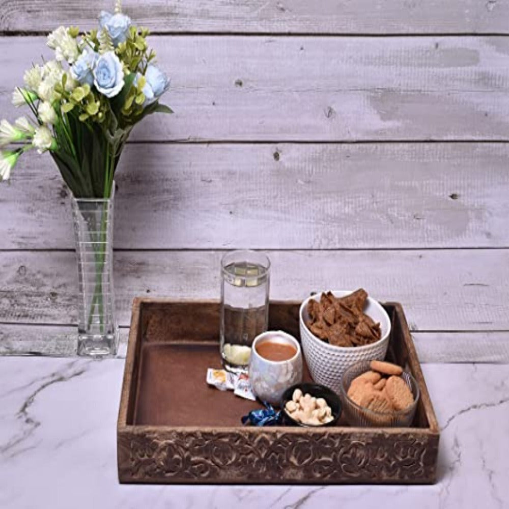 Hand Carved Wooden Breakfast Serving Tray-Kitchen Dining Serve-Ware | 15 x 10 Inches