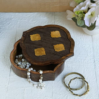 Wooden Jewelry Trinket Storage Box Organizer with Walnut & Metallic Gold Finish-8