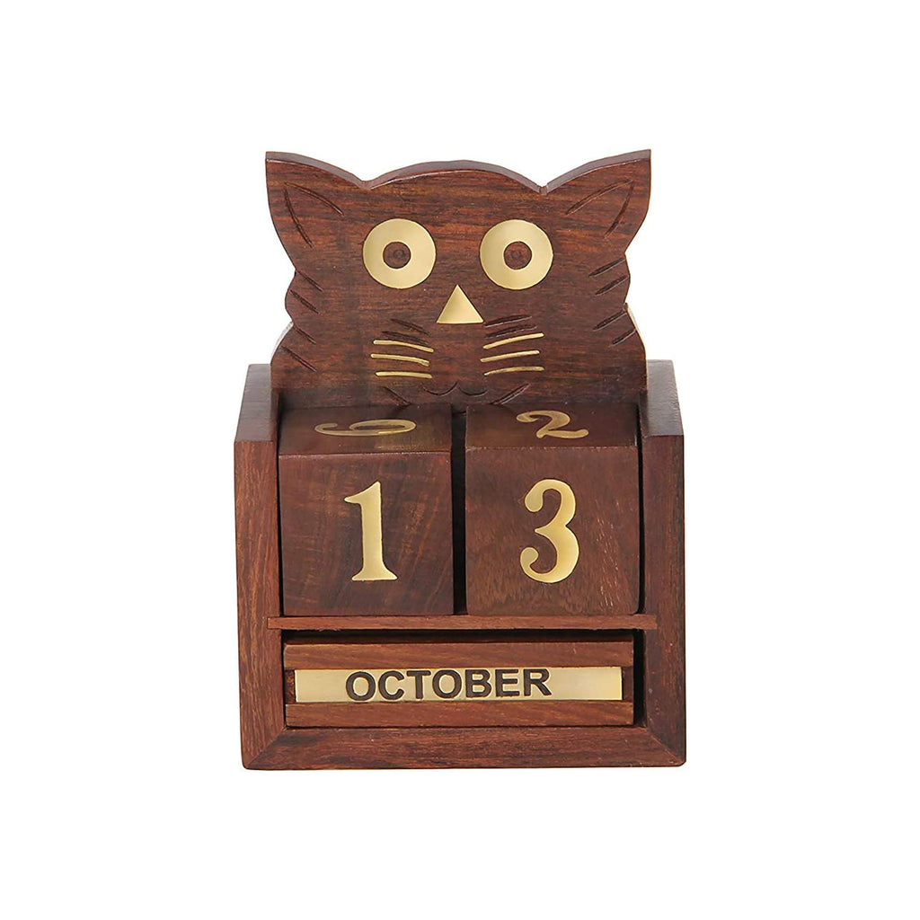 Handcrafted Wooden Cat Perpetual Calendar - Vintage Look Desk Block with Brass Inlay - Perfect for Home or Office Décor