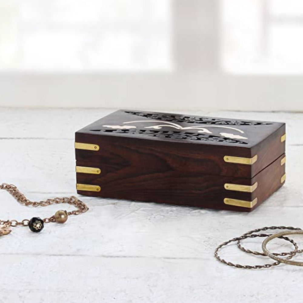 Handmade Decorative Wooden Jewelry Box - Floral Carvings & Brass Inlays-Trinket Chest, Keepsake Box & Home Decor Gift