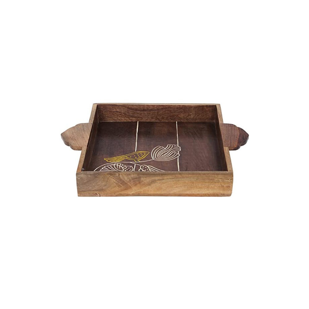 Handmade Wooden Serving Tray with Bird Flower Engraving - Perfect for Parties & Breakfast